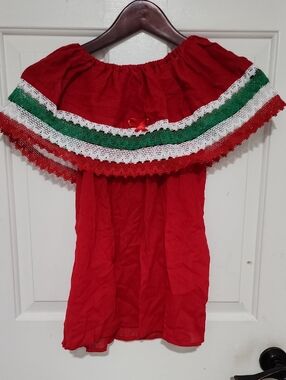 Red Off-Shoulder Mexican Style Peasant Top with Green & White Trim